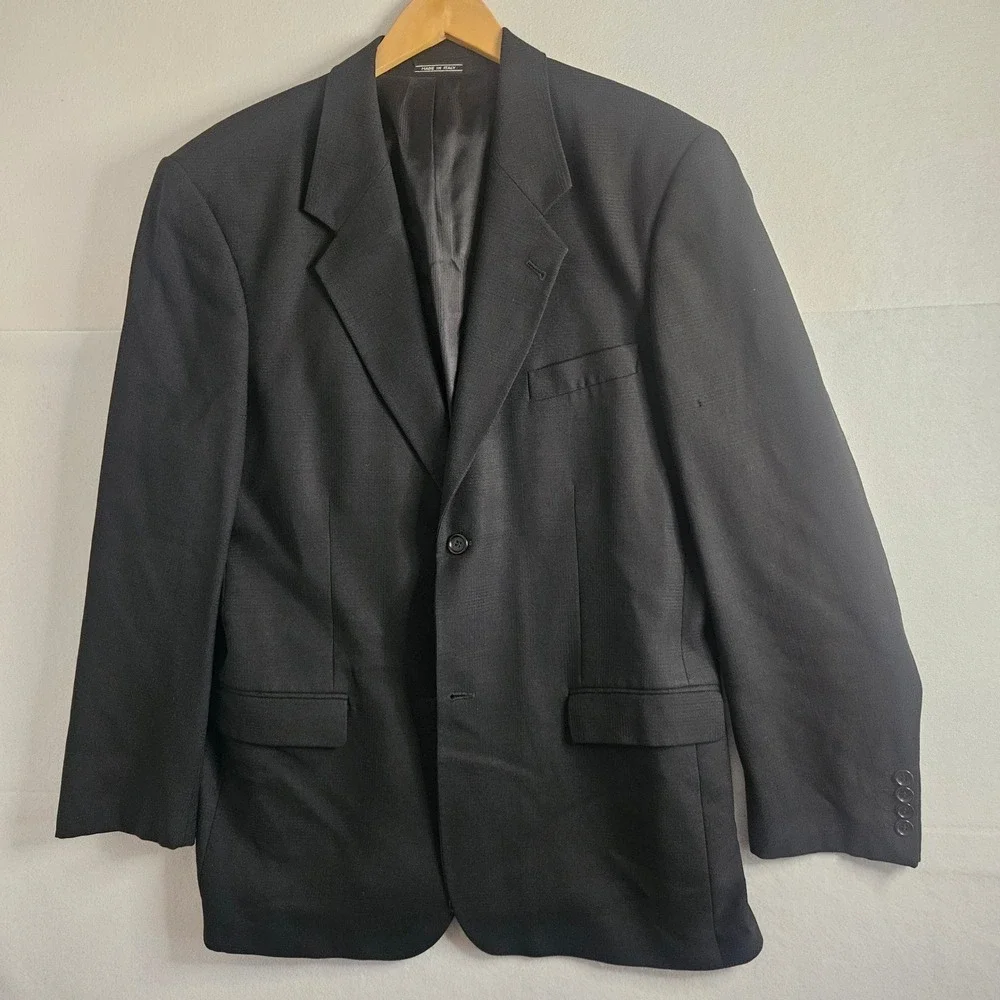Vintage Made in Italy Black Wool Two Button Blazer Jacket Mens Formal Wear